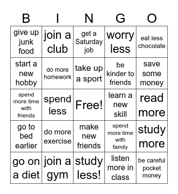 New Year's resolutions Bingo Card