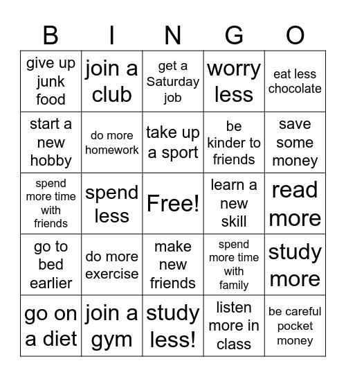 New Year's resolutions Bingo Card