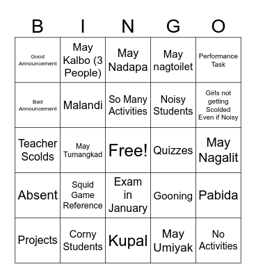 School Activities Bingo Card