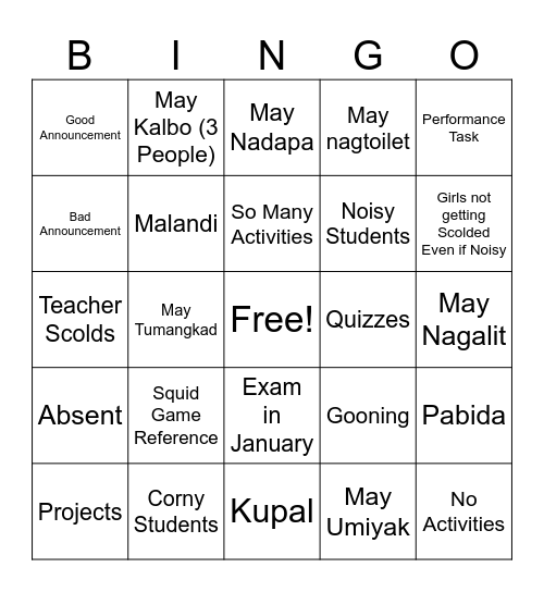 School Activities Bingo Card