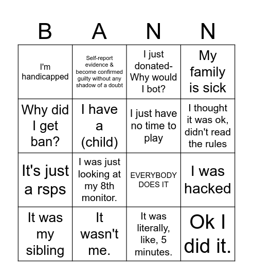 August Ban Bingo Card