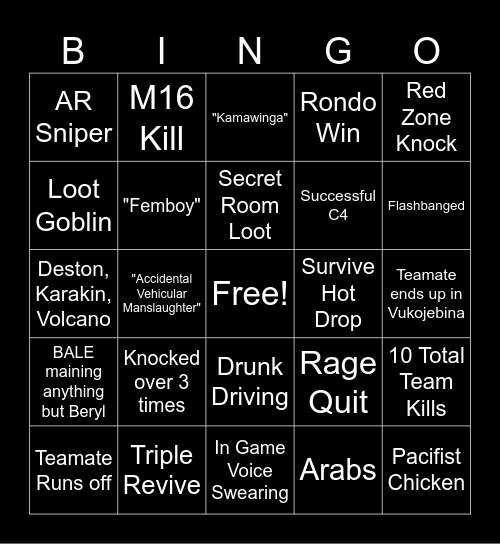 PUBG Night Bingo Card