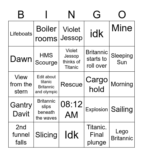 Britannic 2000 Bingo Card