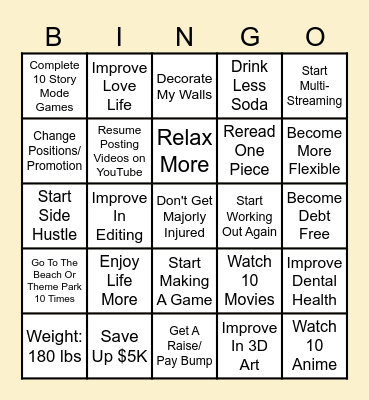 2025 New Year Resolutions Bingo Card