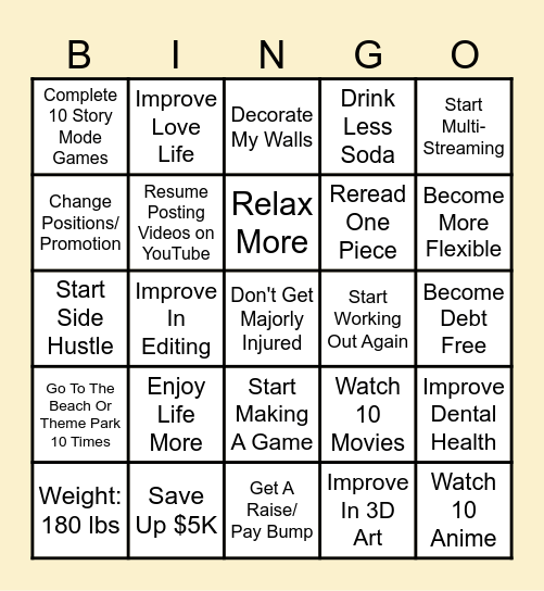 2025 New Year Resolutions Bingo Card