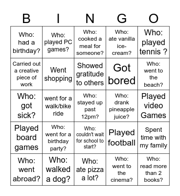 Back-to-School Bingo - What did you do over the holiday? Bingo Card