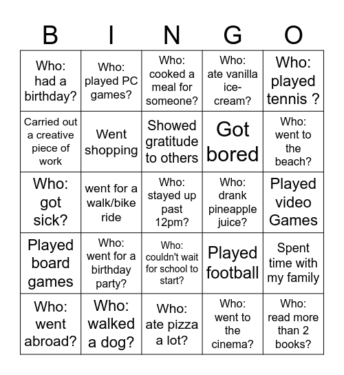 Back-to-School Bingo - What did you do over the holiday? Bingo Card