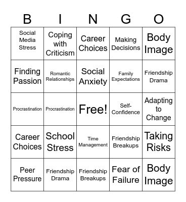 Adolescent Challenges Bingo Card