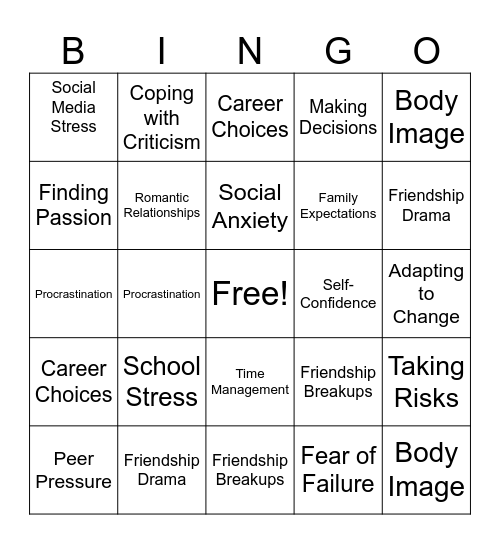 Adolescent Challenges Bingo Card