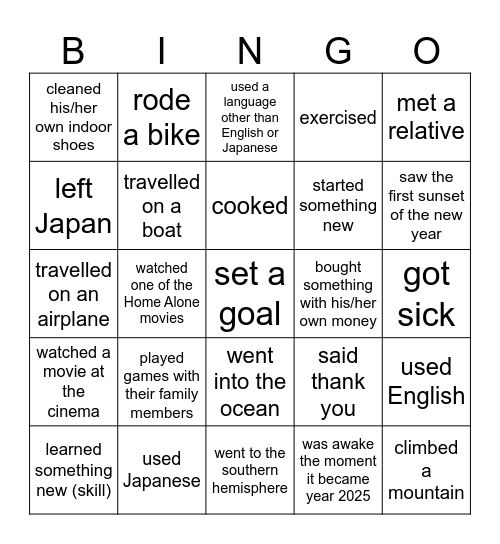 Let's find someone who has done the following during the winter break! Bingo Card