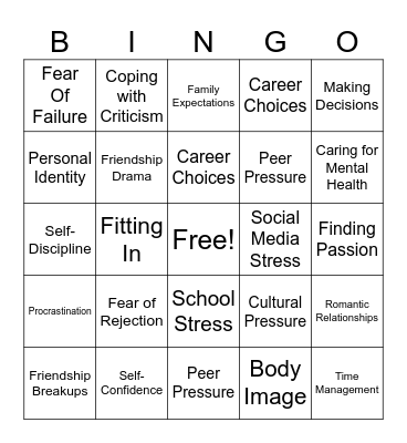 Adolescent Challenges Bingo Card
