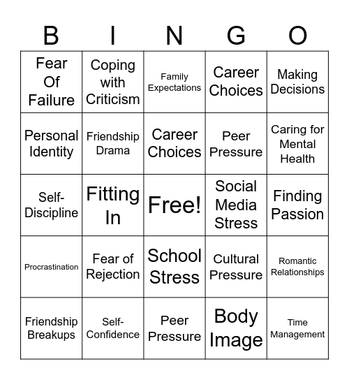 Adolescent Challenges Bingo Card