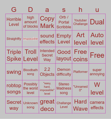 GD recent tab Bingo Card