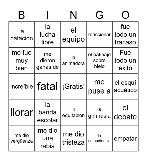 ¡Mantente en forma! C4 Vocab1 Bingo Card
