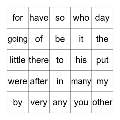 SITE WORDS Bingo Card