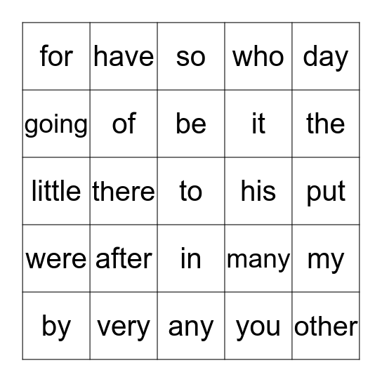 SITE WORDS Bingo Card