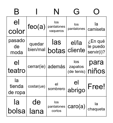 Vamos de compras Vocabulario 1 Bingo Card