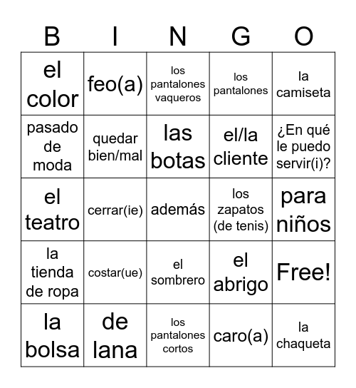 Vamos de compras Vocabulario 1 Bingo Card