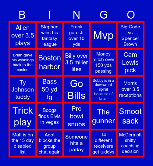 Bills vs Patriots Bingo Card