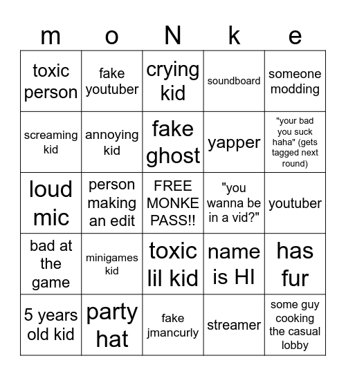 gorilla tag monke sheet Bingo Card