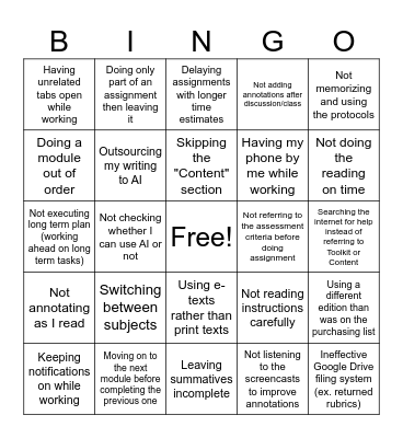 IB Work Habits Bingo Card