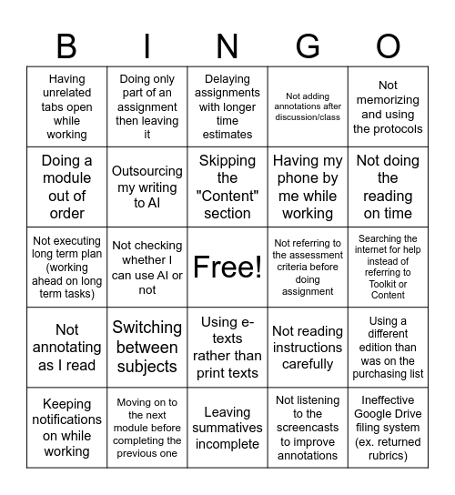 IB Work Habits Bingo Card