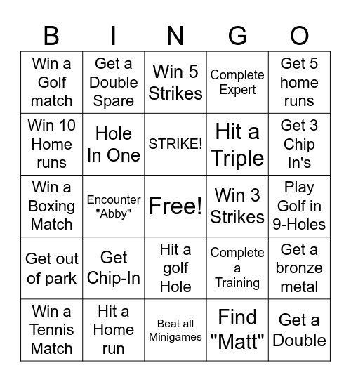 Wii sports bingo Card