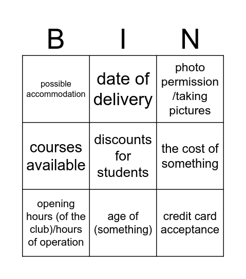 EGE Speaking task 2 Bingo Card