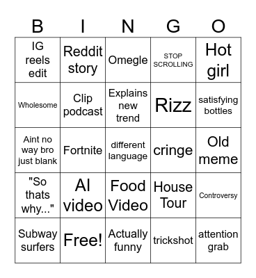 Youtube Shorts Bingo Card