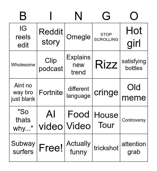 Youtube Shorts Bingo Card