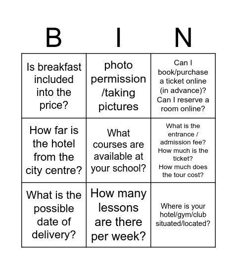 EGE Speaking task 2 Bingo Card