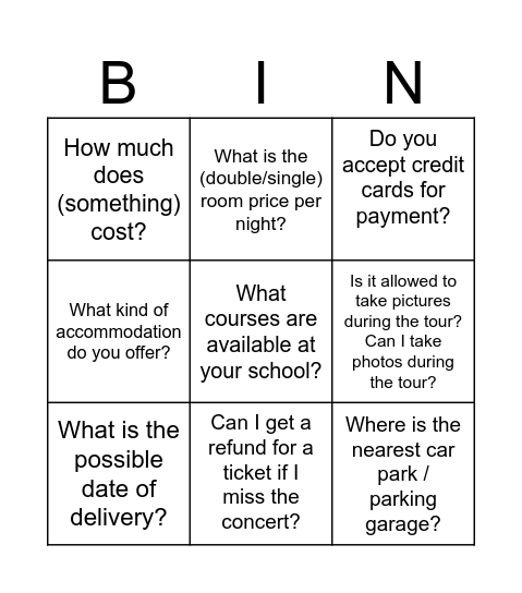 EGE Speaking task 2 Bingo Card