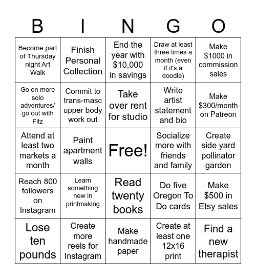 2025 Goals Bingo Card