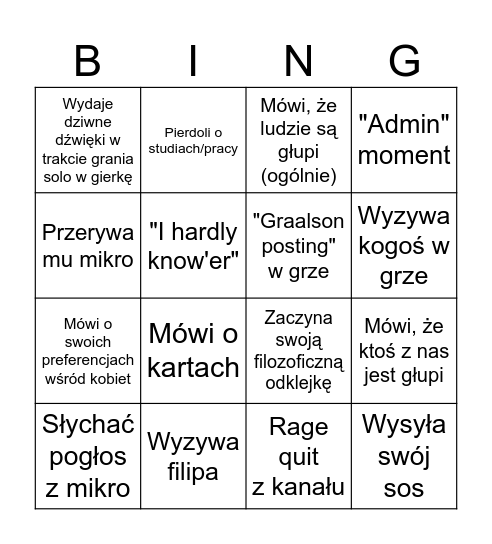 BING chilling Graalson Bingo Card