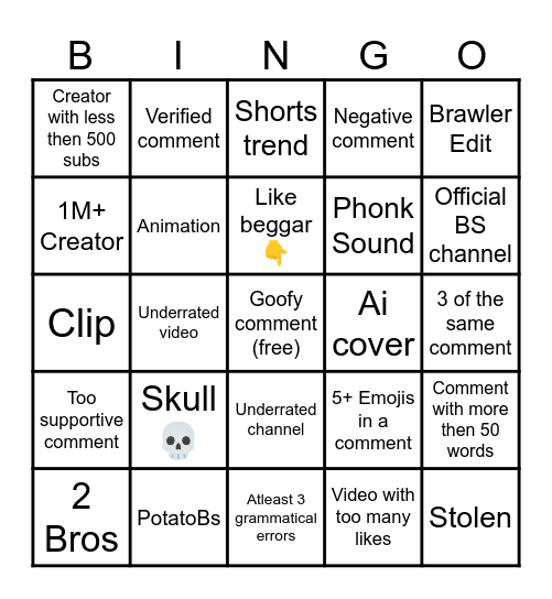 Brawl Stars Shorts Bingo Card