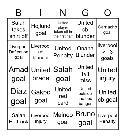 Liverpool vs United (5-1-2025) Bingo Card