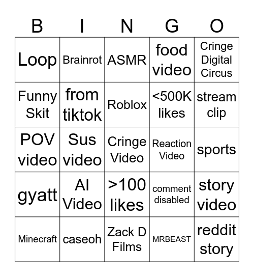 YT Shorts bingo Card