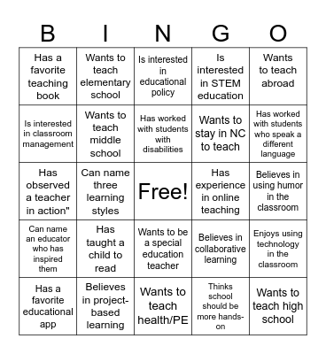 EDU 1200 Bingo Card