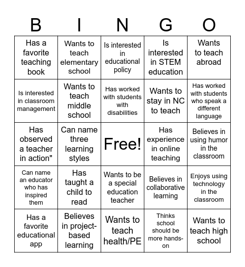 EDU 1200 Bingo Card