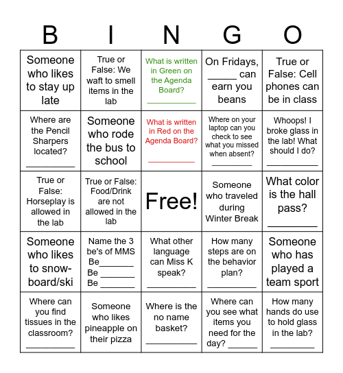 Classroom Expectations Review Bingo Card
