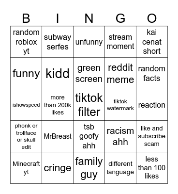 youtube shorts ahh Bingo Card