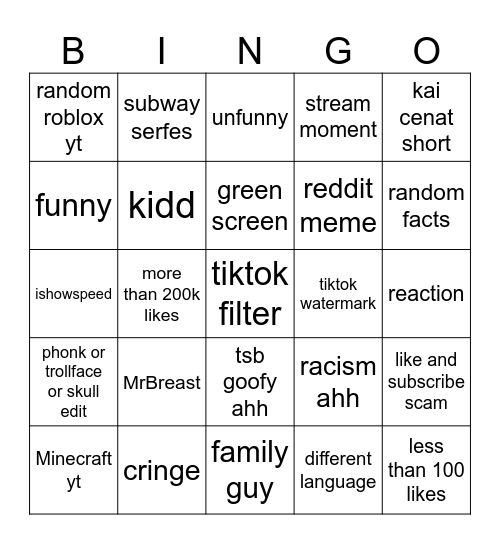 youtube shorts ahh Bingo Card