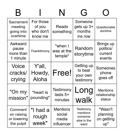 Geriatric YSA Bingo Card