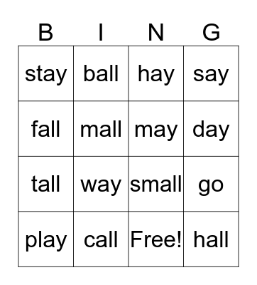 -ay and -all word families Bingo Card