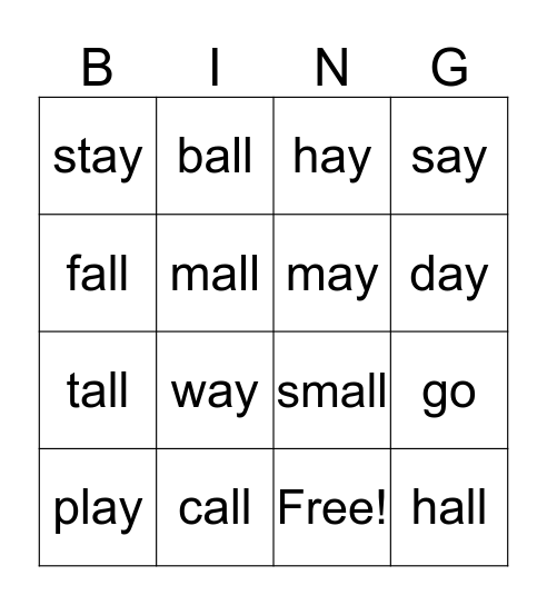 -ay and -all word families Bingo Card