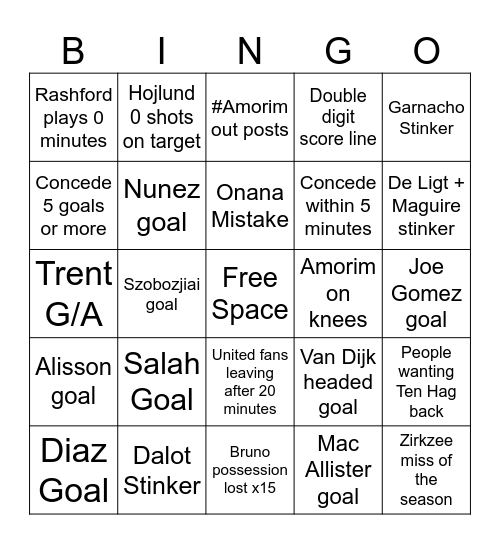 Liverpool vs United Bingo Card