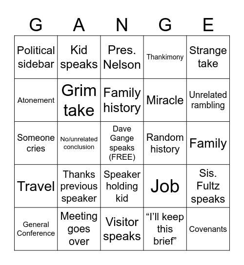 Testimony Bingo Card