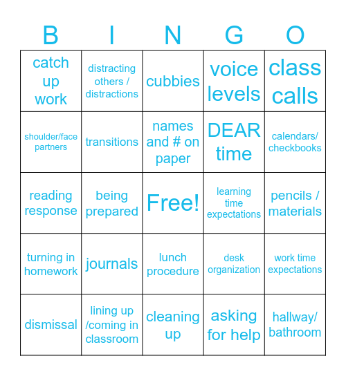 Classroom Expectation Bingo Card