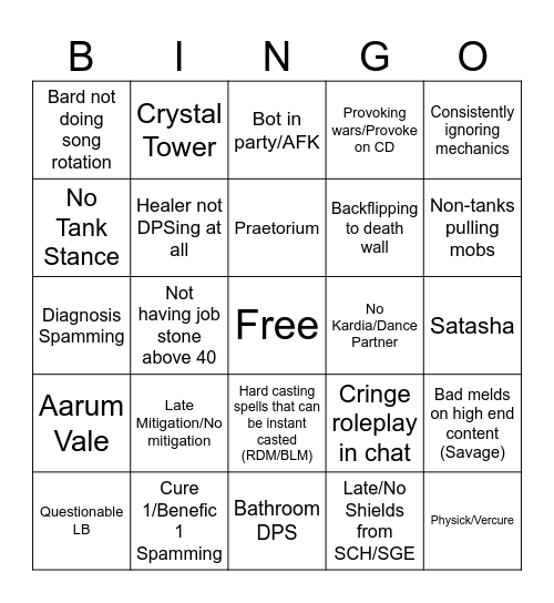 Ffxiv shenanigans bingo card
