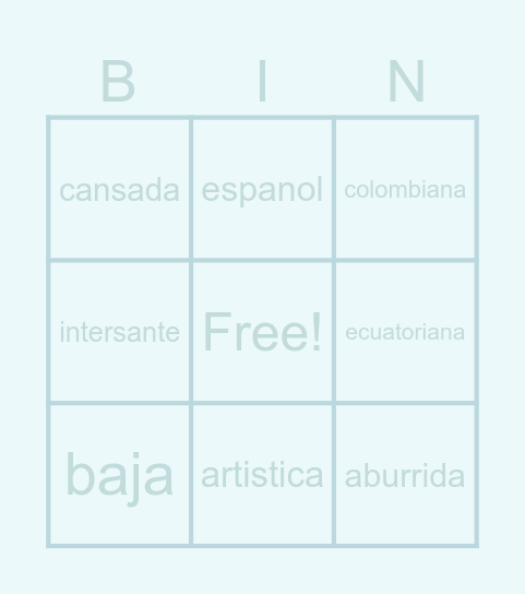 Adjectives and Nationalities Bingo Card